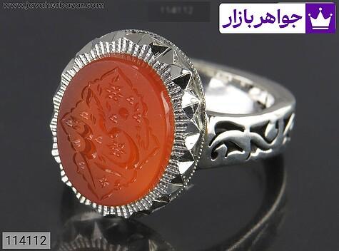 انگشتر نقره عقیق یمنی نارنجی خاک تربت مردانه دست ساز [حسبی الله] - 114112